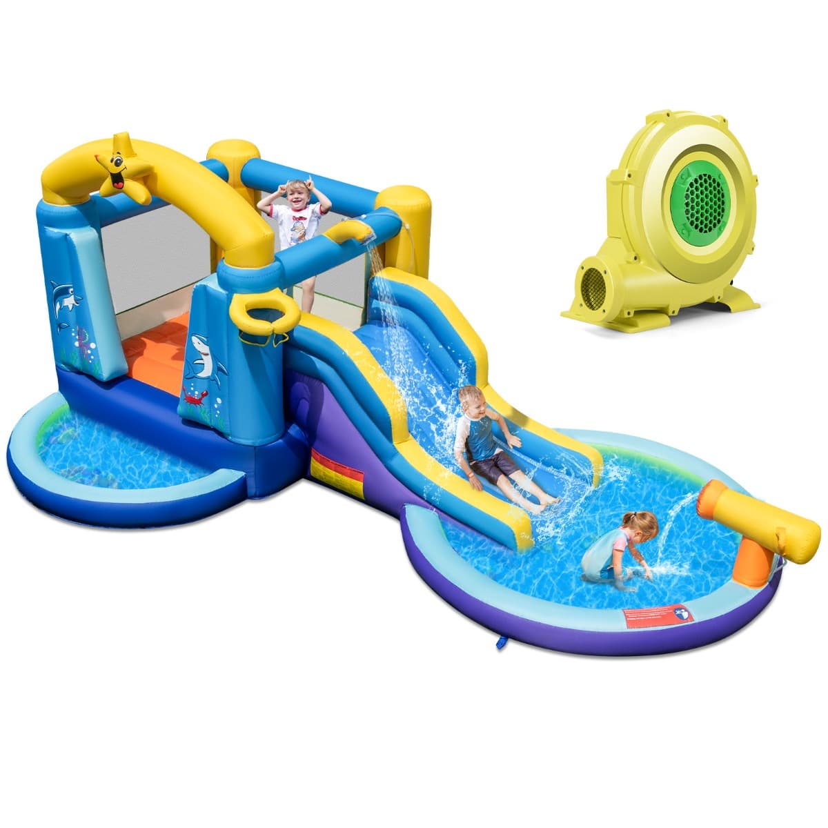 CostwayChâteau Gonflable Océan 6 en 1 avec Souffleur 680W Toboggan Aquatique & 2 Piscines Maison de Rebond Gonflable Charge 90kg