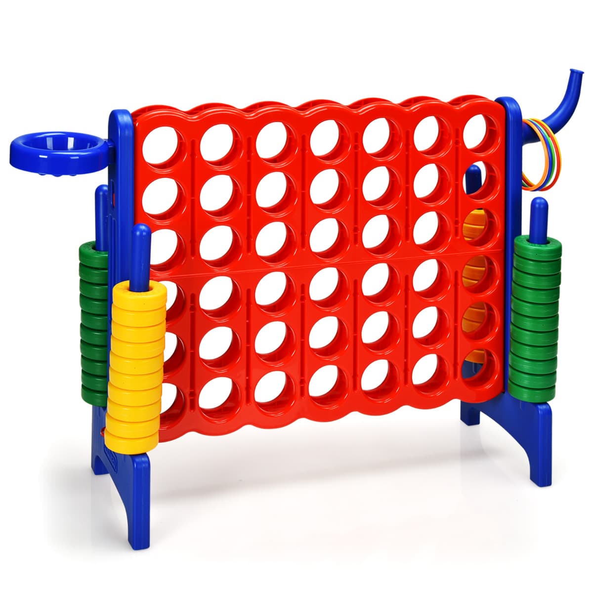 CostwayJeux Puissance 4 Géan Multifonction 3 en 1 avec Panier de Basket-ball Jeu d’Anneaux au Côté avec 42 Anneaux Géants Bleu