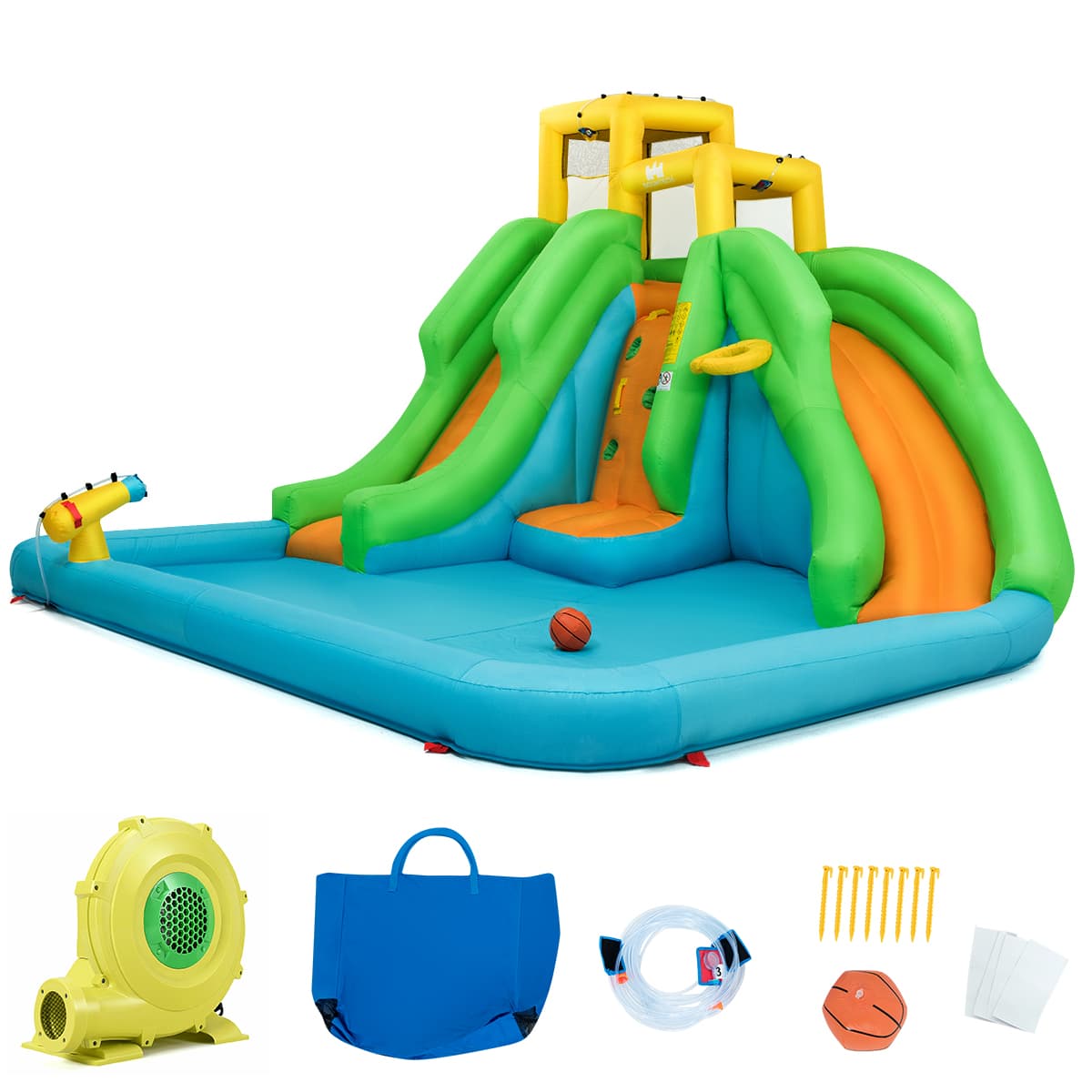 Costway5 en 1 Château Gonflable Enfants avec Toboggan Double Parc Aquatique Gonflable Charge 159kg pour 3 Enfants de 3-10 Ans avec Ventilateur