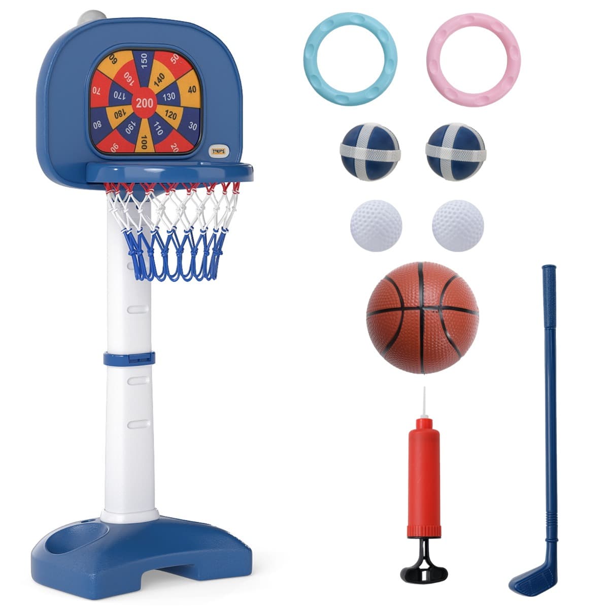 CostwayJeu de Basket 4-en-1 pour Enfants Panier de Basket Ajustable avec Jeu d'Anneaux Balle Collante Ensemble de Golf Centre d'Activité