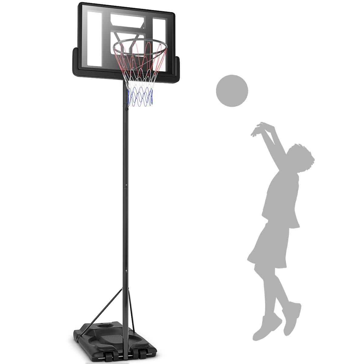 CostwayPanier de Basket-Ball sur Pied 97x65x360cm Hauteur Réglable 3,05M à Roulettes Rempli Eau/Sable Filet en Nylon Jeune/Adulte