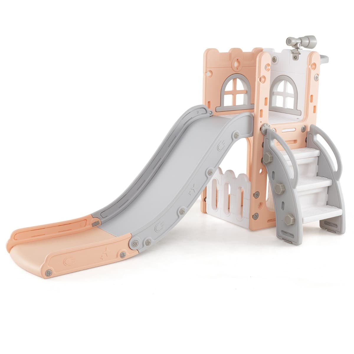 CostwayToboggan 6 en 1 pour Tout-Petits de 1 à 3 Ans Toboggan pour Bébé avec Panier de Basket et Télescope Aire de Jeux d'Intérieur Rose et Blanc