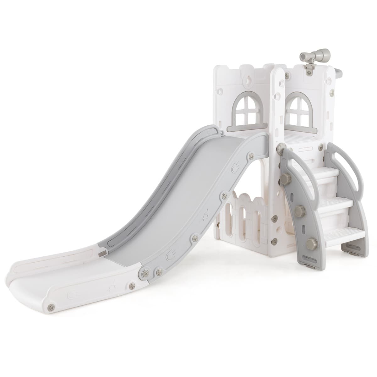 CostwayToboggan 6 en 1 pour Tout-Petits de 1 à 3 Ans Toboggan pour Bébé avec Panier de Basket et Télescope Aire de Jeux d'Intérieur Gris et Blanc