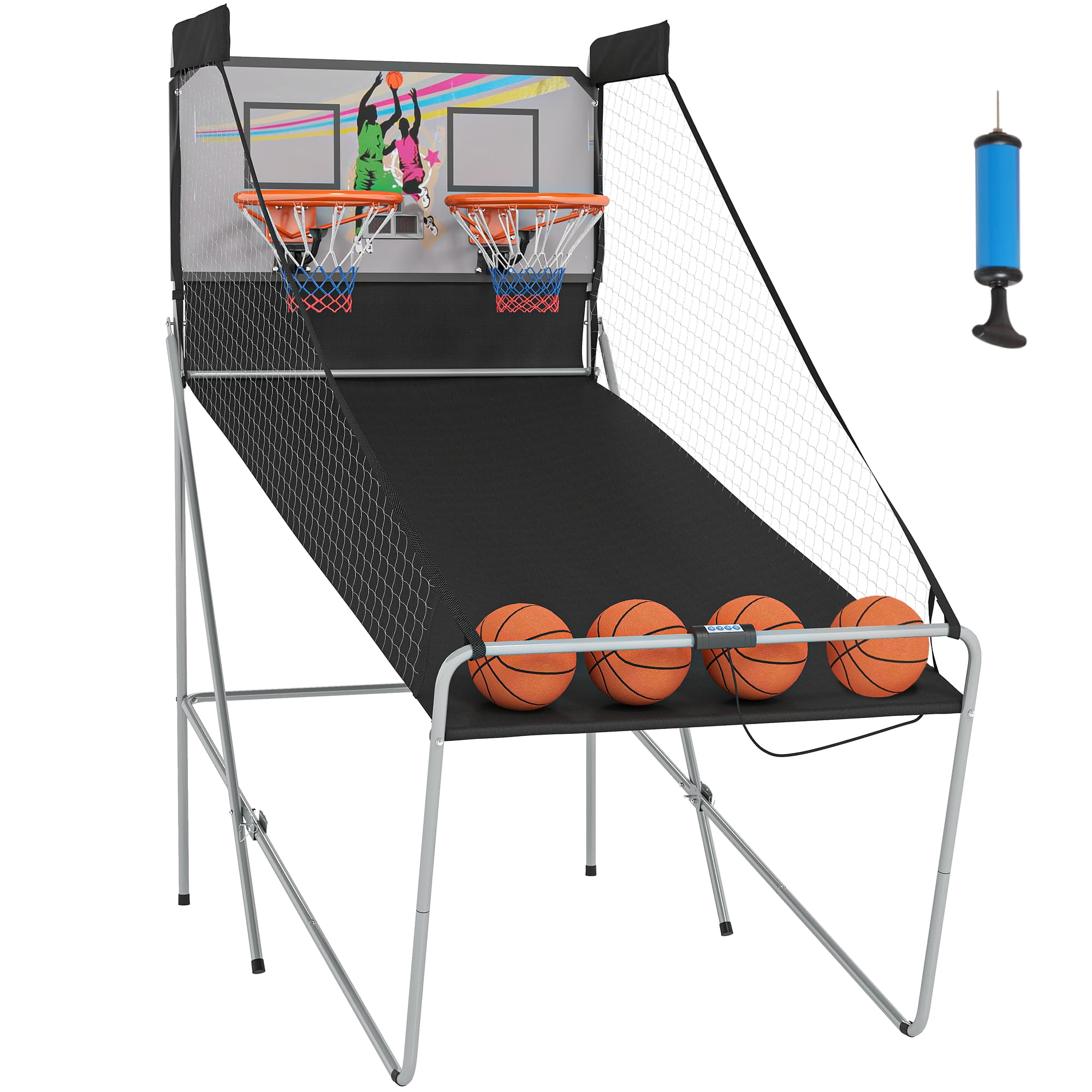 HOMCOM Panier de Basket pliable jeu de Basketball Arcade Double Shootout double panier compteur électronique 4 ballons et pompe acier noir et blanc