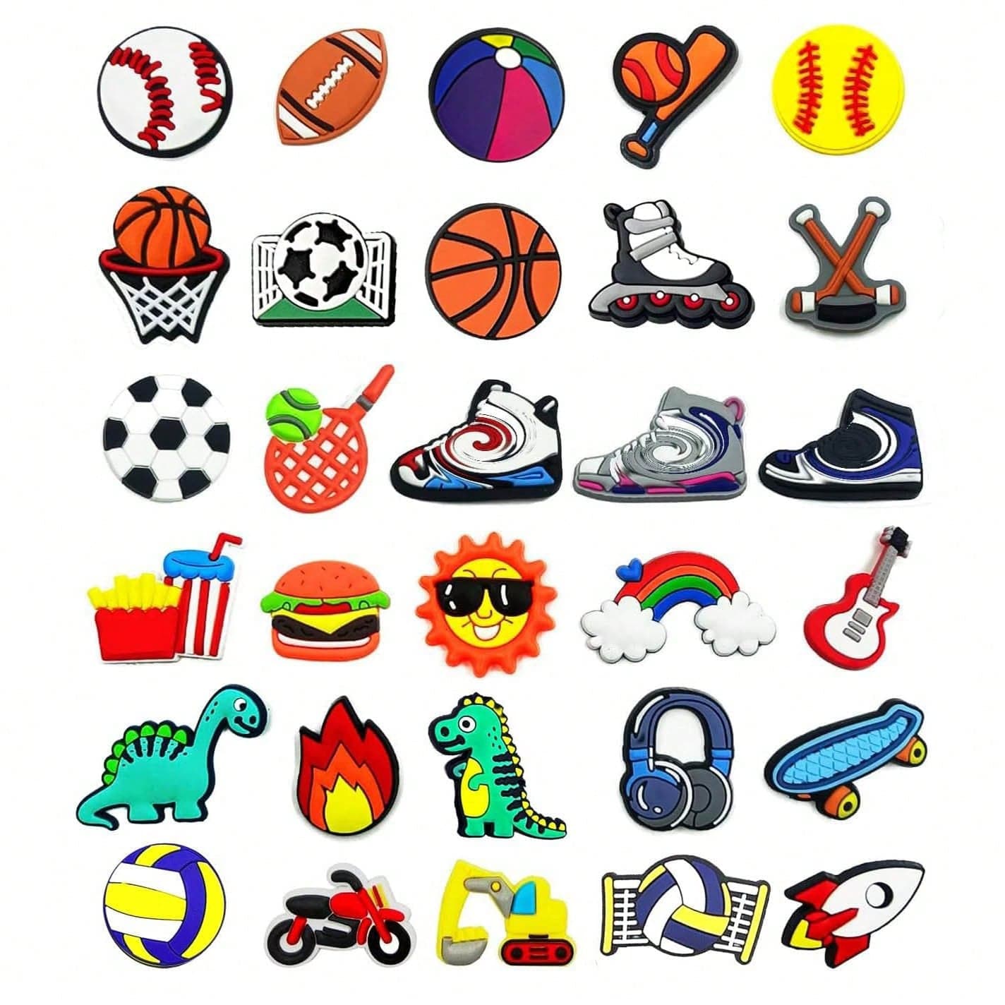 Lot de 30 breloques de chaussure de sport pour chaussures, breloques de chaussure en PVC pour garçons, football aléatoire sportif basket-ball