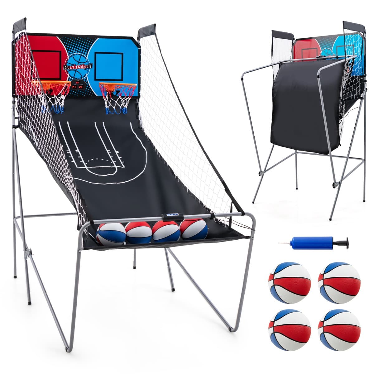CostwayJeu D'arcade de Basket-ball à Double Tir Pliable avec 8 Modes de Jeu Son D'arcade Score Électronique 4 Ballons Pompe de Gonflage pour Tous